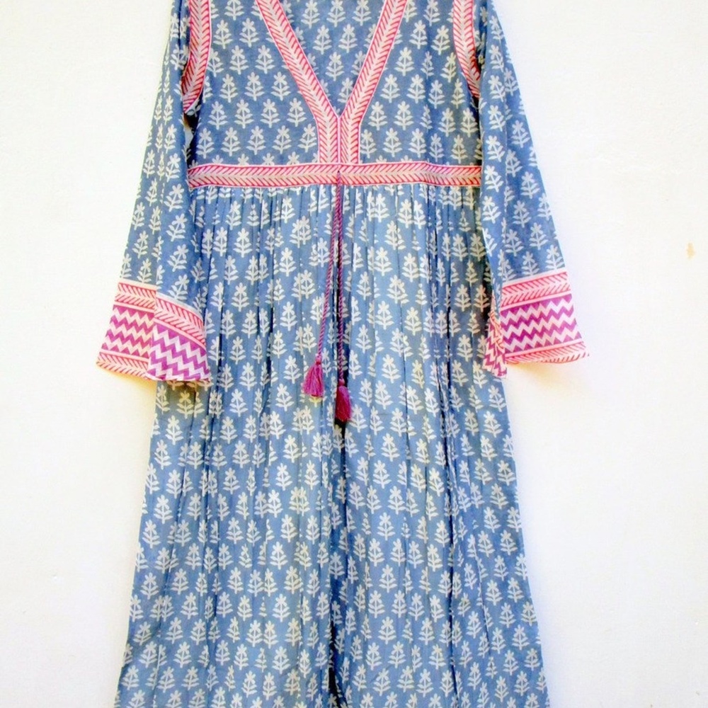 NWT Cotton steel blue  women's boho long maxi if dress / bell sleeve S